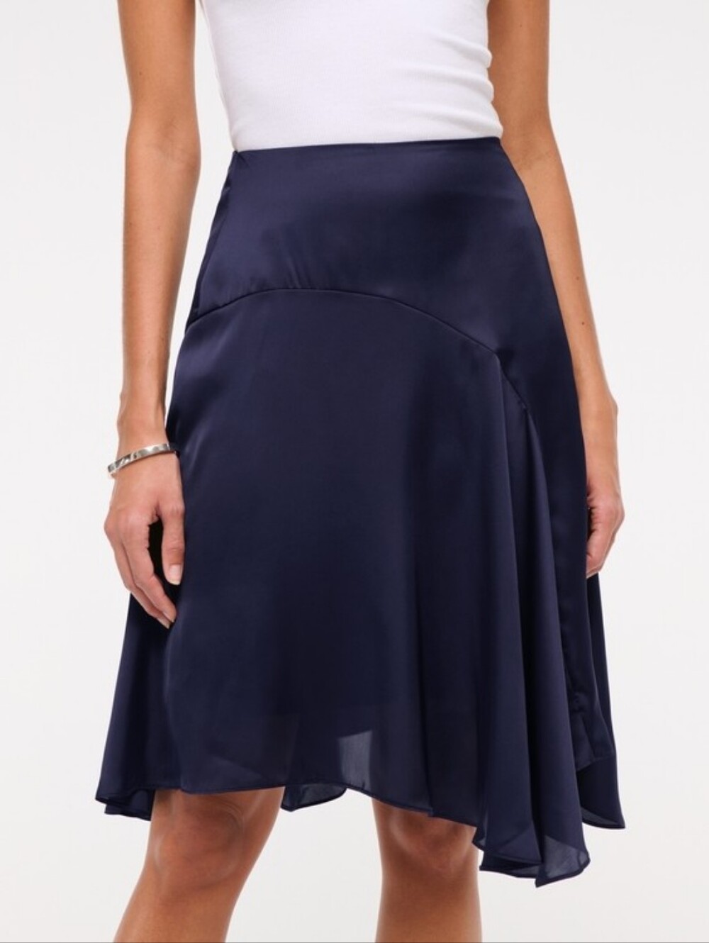 Abercrombie & Fitch Women's Flowy Asymmetrical Navy Satin Midi Skirt Size Medium